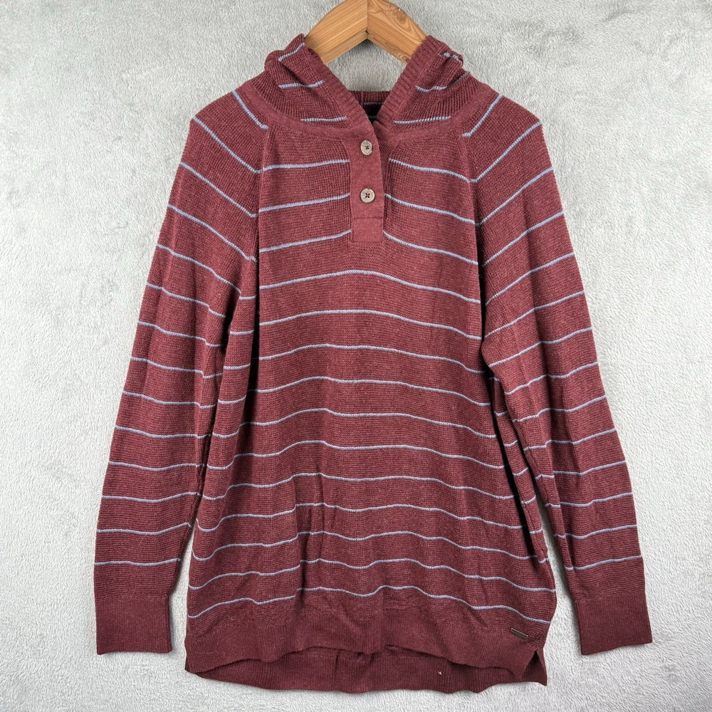 Prana Milani Tunic Womens XL Burgundy w/ Blue Stripes Knit Hooded Sweater Fall